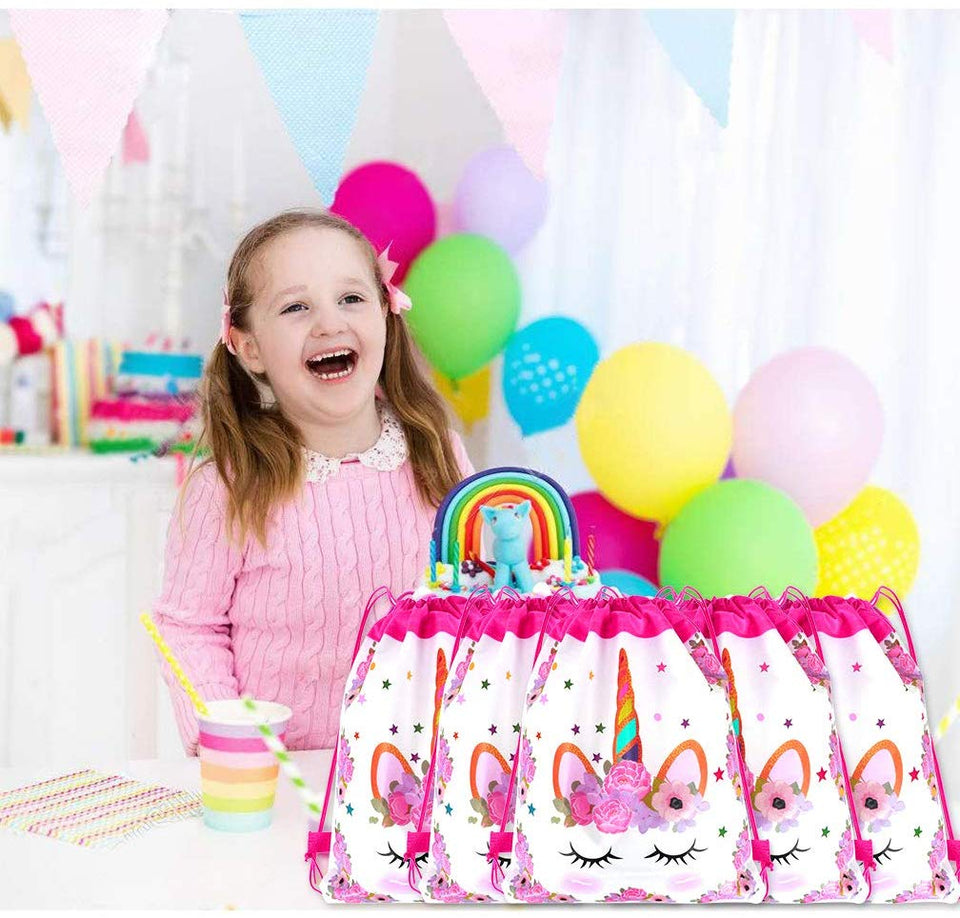 Paquete de 18 mochilas con cordón de unicornio viaky unicornio con cordón para fiesta de cumpleaños, fiesta de cumpleaños, bolsa de regalo para baby shower, bolsas de dibujos animados