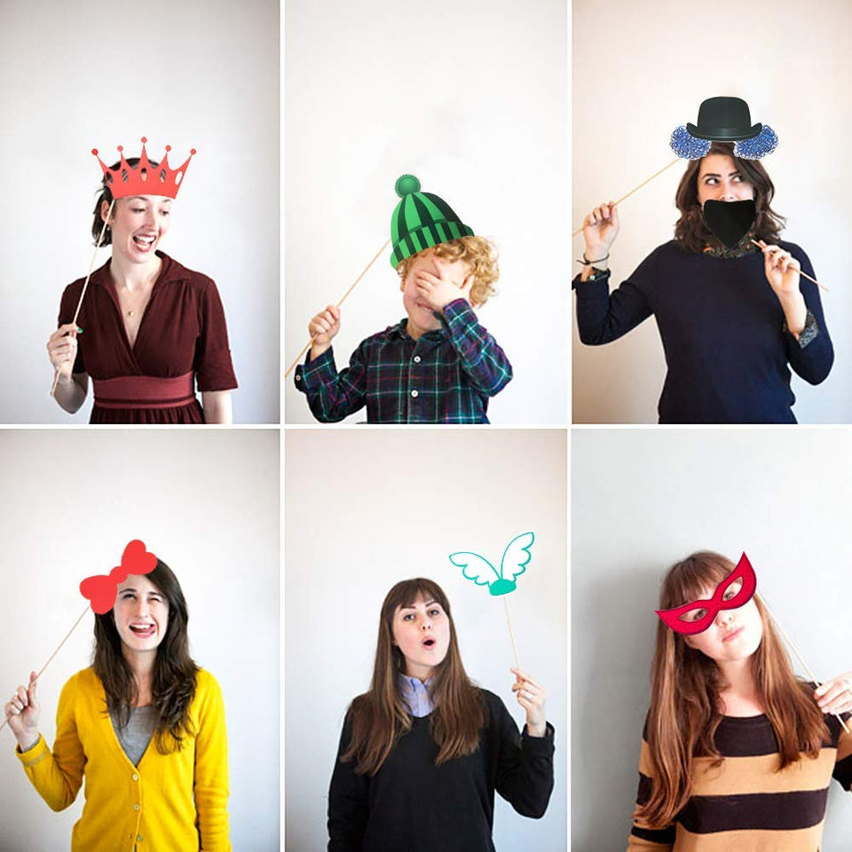 FRESHME DIY Photo Booth Props Kit - 90pcs PhotoBooth Prop Funny Atrezzo Favorecer Incluyendo Cómica Divertida Creativa Bigotes Gafas Pelo Arcos Sombreros Labios para el Partido Boda Cumpleañosde