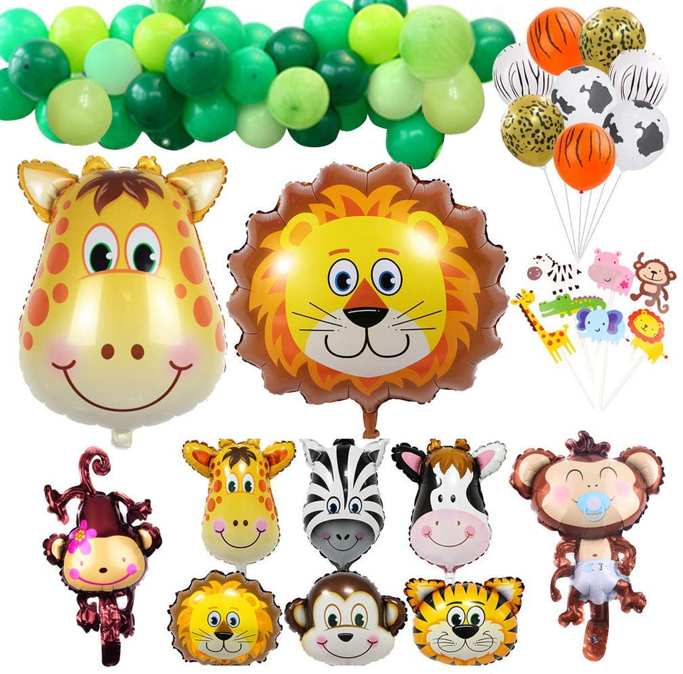 Globos de decoración para fiestas de safari, 114 piezas de animales de la selva, decoración de fiesta para niños, cumpleaños, safari, baby shower, cupcakes, toppers de látex y globos de papel de aluminio.