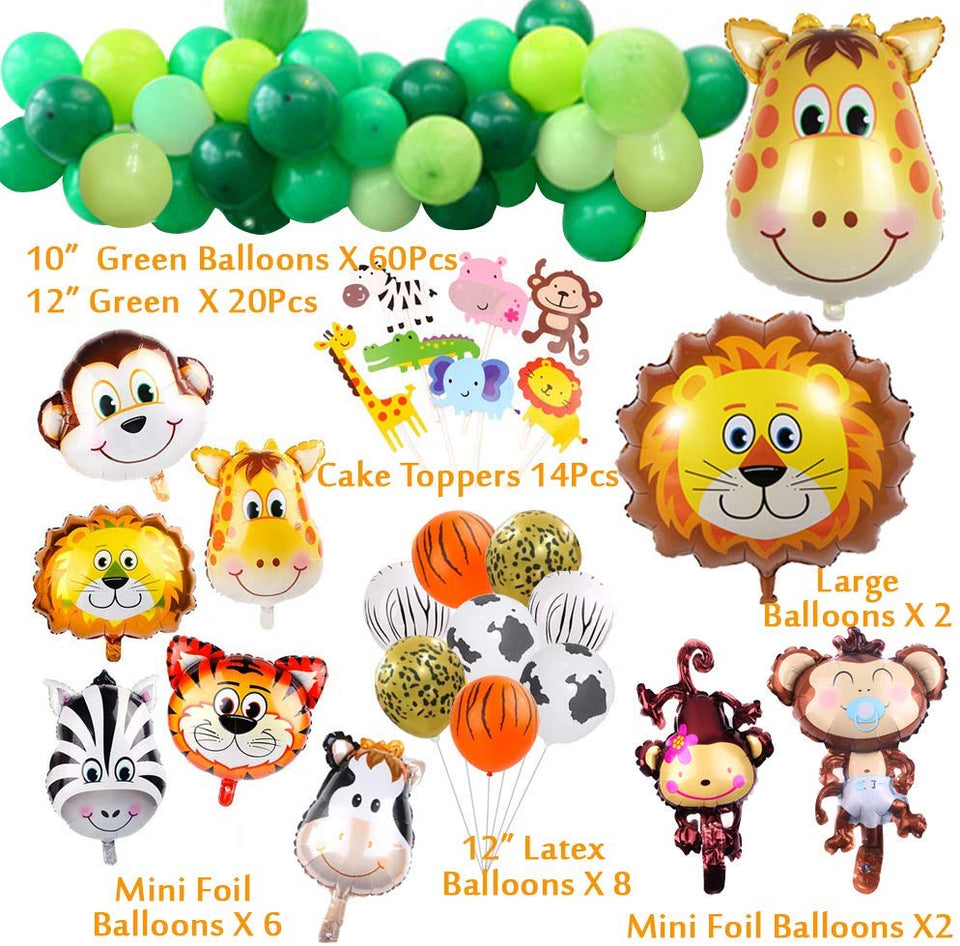 Globos de decoración para fiestas de safari, 114 piezas de animales de la selva, decoración de fiesta para niños, cumpleaños, safari, baby shower, cupcakes, toppers de látex y globos de papel de aluminio.