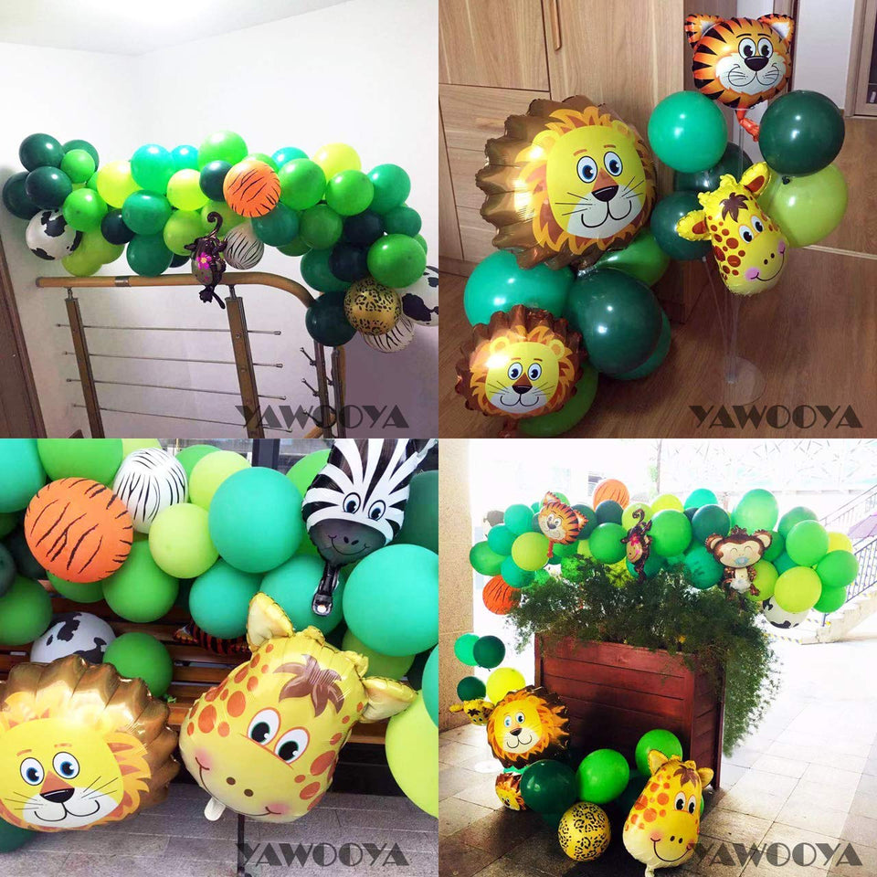 Globos de decoración para fiestas de safari, 114 piezas de animales de la selva, decoración de fiesta para niños, cumpleaños, safari, baby shower, cupcakes, toppers de látex y globos de papel de aluminio.