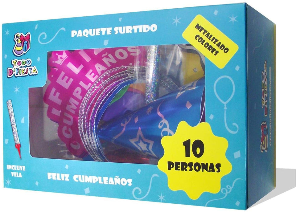Paquete Surtido de Cumpleaños para 10 Personas - Kit Multicolor con Gorros, Diademas, silbatos, Globos y Vela - Articulos para Fiestas