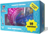 Paquete Surtido de Cumpleaños para 10 Personas - Kit Multicolor con Gorros, Diademas, silbatos, Globos y Vela - Articulos para Fiestas