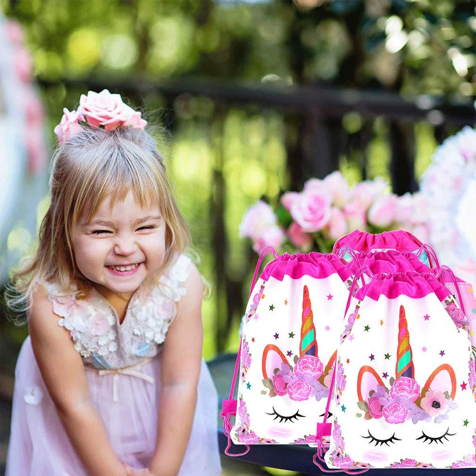 Paquete de 18 mochilas con cordón de unicornio viaky unicornio con cordón para fiesta de cumpleaños, fiesta de cumpleaños, bolsa de regalo para baby shower, bolsas de dibujos animados