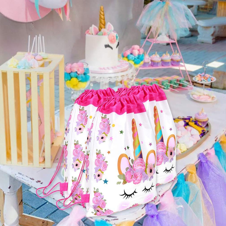 Paquete de 18 mochilas con cordón de unicornio viaky unicornio con cordón para fiesta de cumpleaños, fiesta de cumpleaños, bolsa de regalo para baby shower, bolsas de dibujos animados