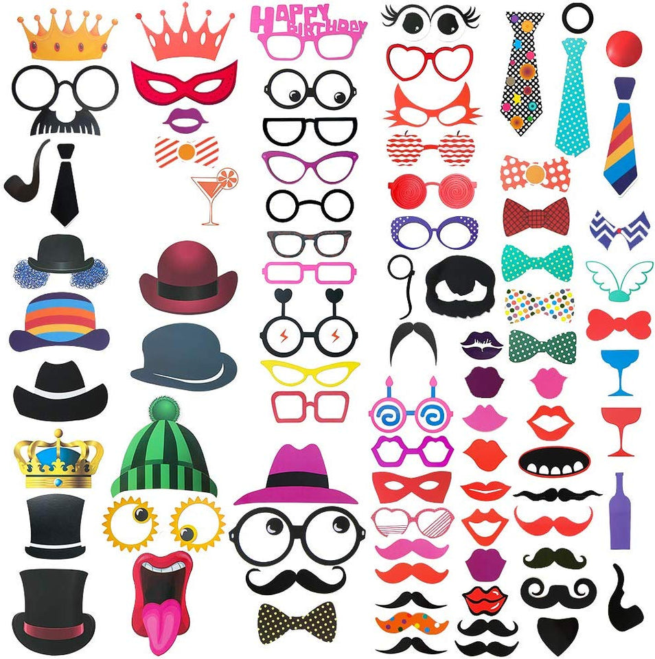 FRESHME DIY Photo Booth Props Kit - 90pcs PhotoBooth Prop Funny Atrezzo Favorecer Incluyendo Cómica Divertida Creativa Bigotes Gafas Pelo Arcos Sombreros Labios para el Partido Boda Cumpleañosde
