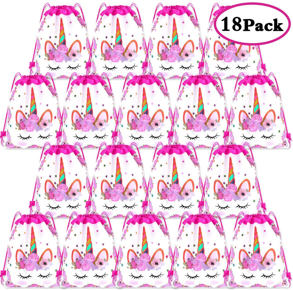 Paquete de 18 mochilas con cordón de unicornio viaky unicornio con cordón para fiesta de cumpleaños, fiesta de cumpleaños, bolsa de regalo para baby shower, bolsas de dibujos animados