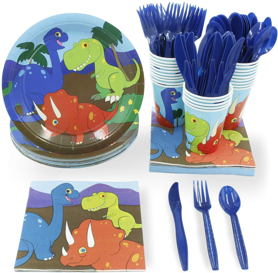 Desechables – Vajilla – Sirve 24 – Incluye Cuchillos de plástico, Cucharas, tenedores, platos de papel, servilletas, tazas, negro, color blanco, Dinosaurios, 144, 1.00