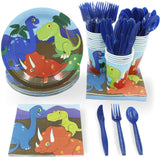 Desechables – Vajilla – Sirve 24 – Incluye Cuchillos de plástico, Cucharas, tenedores, platos de papel, servilletas, tazas, negro, color blanco, Dinosaurios, 144, 1.00