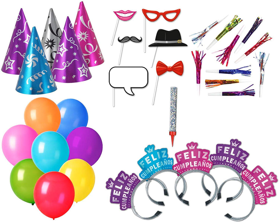 Paquete Surtido de Cumpleaños para 10 Personas - Kit Multicolor con Gorros, Diademas, silbatos, Globos y Vela - Articulos para Fiestas