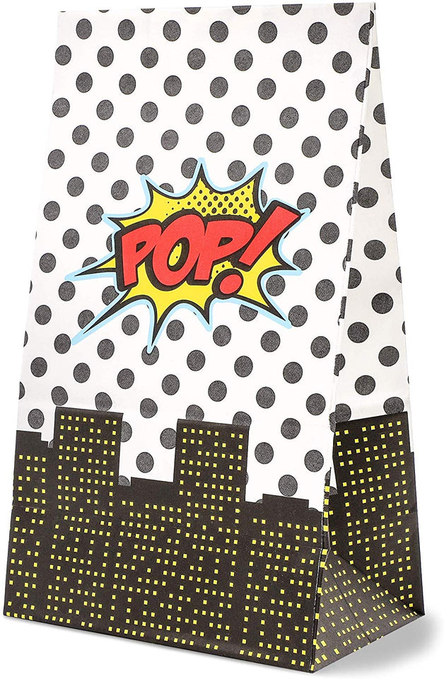 Bolsas de regalo para fiestas – 36 unidades de bolsas de regalo, suministros para fiestas Super-Hero, bolsas de papel para recuerdos, bolsas reciclables para niños, diseño de cómics, 5.2 x 8.7 x 3.3 pulgadas