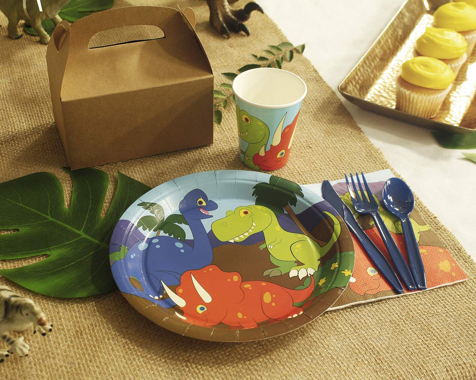 Desechables – Vajilla – Sirve 24 – Incluye Cuchillos de plástico, Cucharas, tenedores, platos de papel, servilletas, tazas, negro, color blanco, Dinosaurios, 144, 1.00