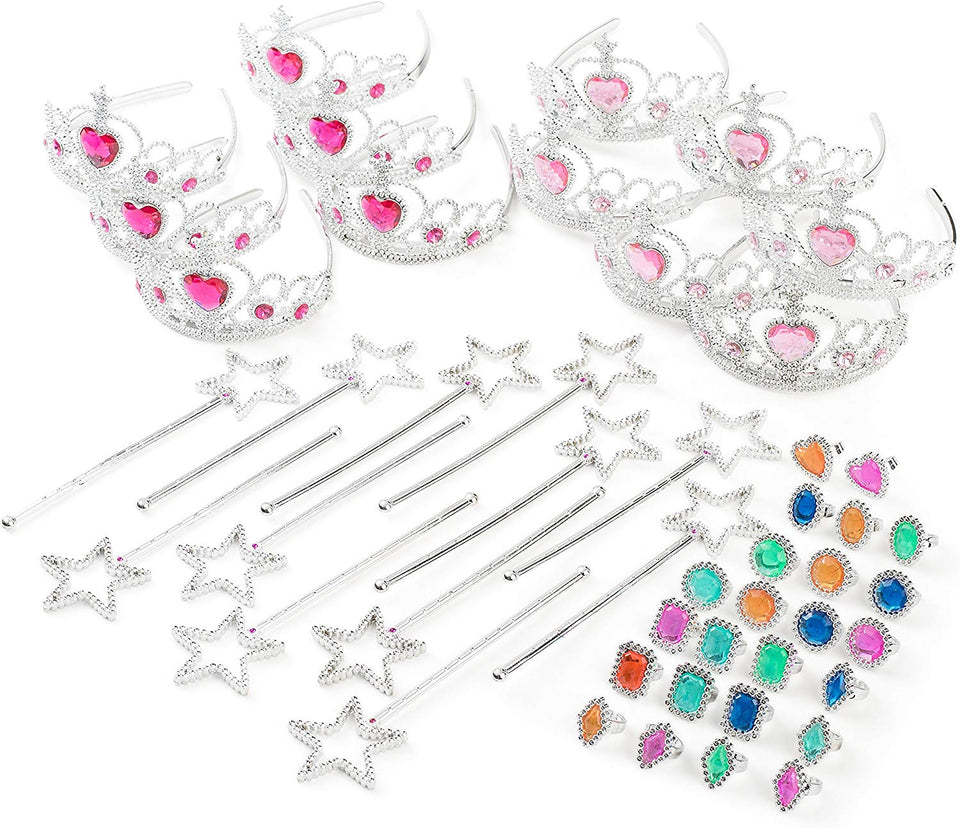 Princess Pretend Play Set - Easter Tiara Dress Up Play Set - Crowns, Wands, and Jewels - Princess Girls Party Favors - Princess Costume Party Play Set, (12 Princess Crown Tiaras, 12 Wands, 24 Rings)