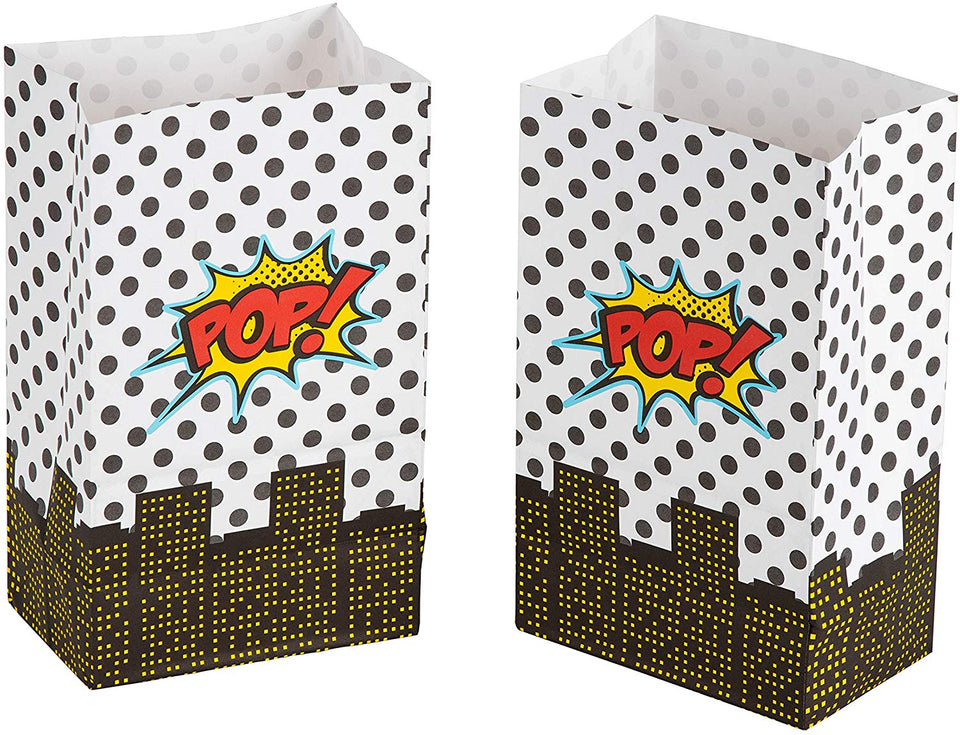 Bolsas de regalo para fiestas – 36 unidades de bolsas de regalo, suministros para fiestas Super-Hero, bolsas de papel para recuerdos, bolsas reciclables para niños, diseño de cómics, 5.2 x 8.7 x 3.3 pulgadas